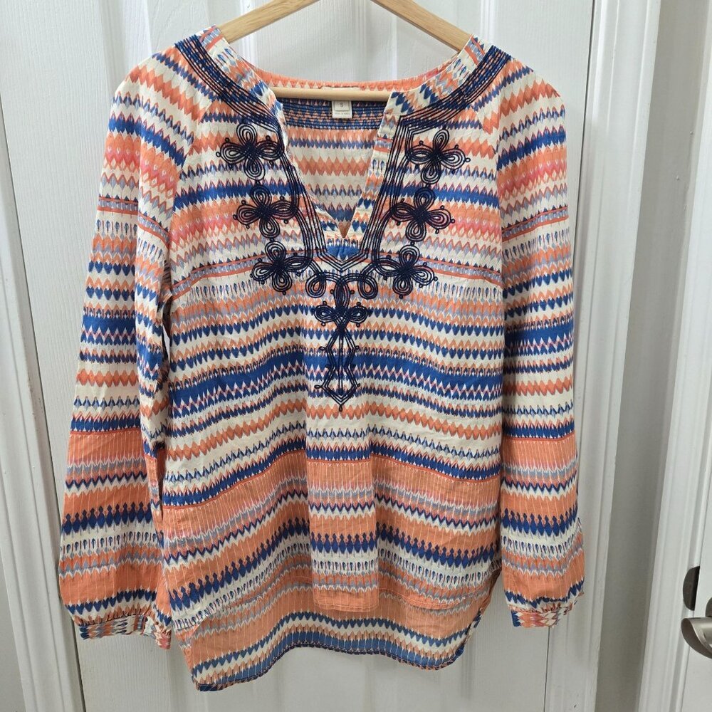 J. Crew Popover Blouse Womens Small Orange Blue Embroidered Chevron‎ Stripes